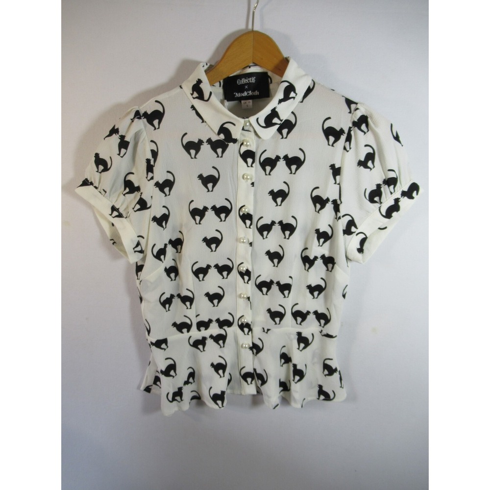 NEW Collectif Modcloth Cat Print Peplum Blouse Women S Mary Grace Pin-Up Meoow